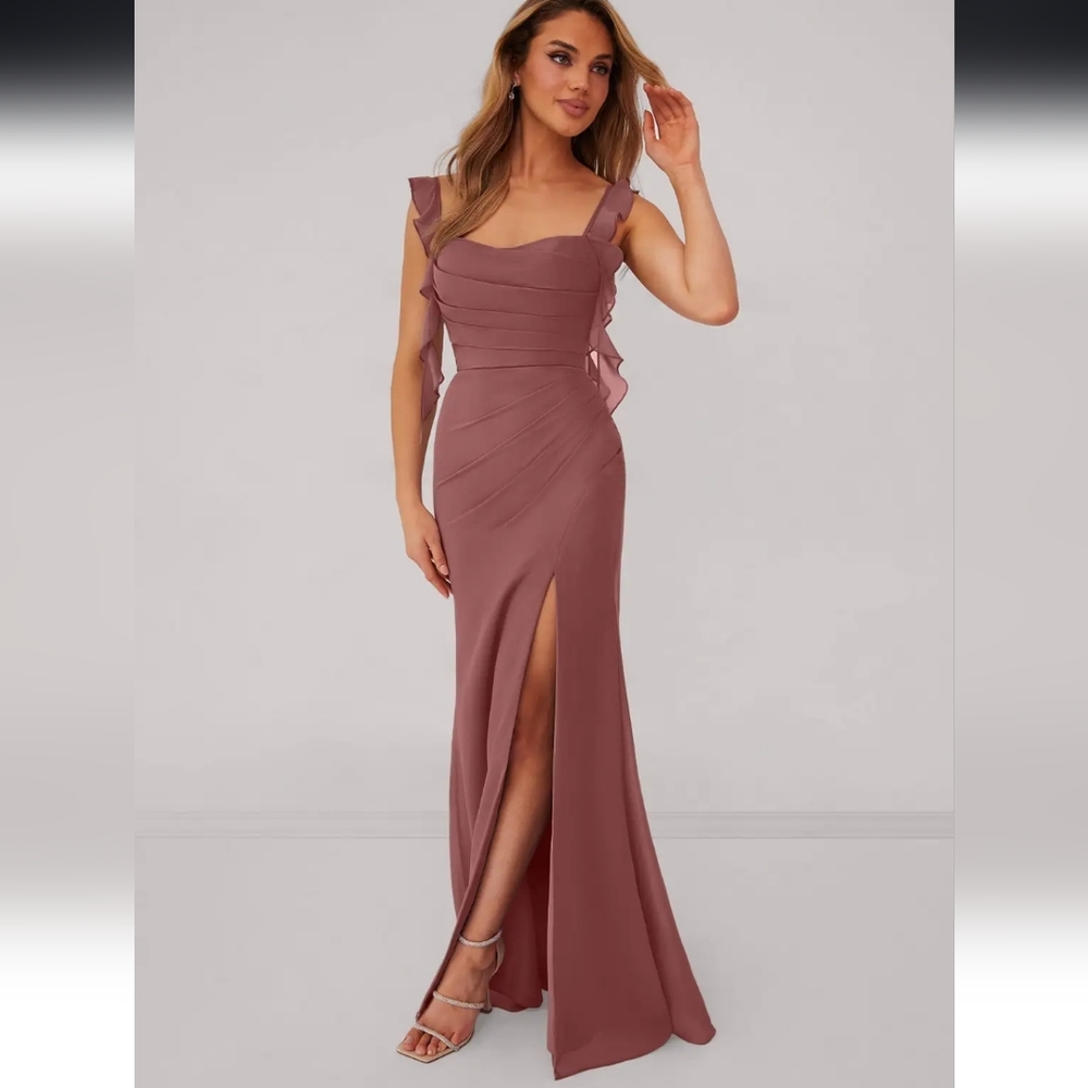 Azazie Mauve Ruffle-Shoulder Maxi Dress